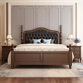 Dark Brown Leather Tufted Double Bed With Carved Headboard And Bedside Table Lamps
