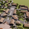Traditional Thatched Roof Buildings With Stone Paved Courtyard And Purple Trees