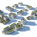 Modern Office Buildings With Geometric Shapes And Green Roof Design
