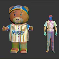 Cartoon Bear In Blue Cap Striped Shirt With Blue Claws Text Next To Human Figure