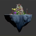 Colorful Cartoon Floating Island Scene With Mountain Red Decorations Green Plants and Playful Elements