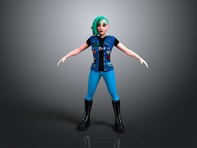 Game and Movie Character Featuring Green Hair Blue Vest Black T-Shirt Blue Pants Black Boots 3d model