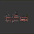 Chinese Traditional Architecture Models With Red Bridge And Bamboo Plants