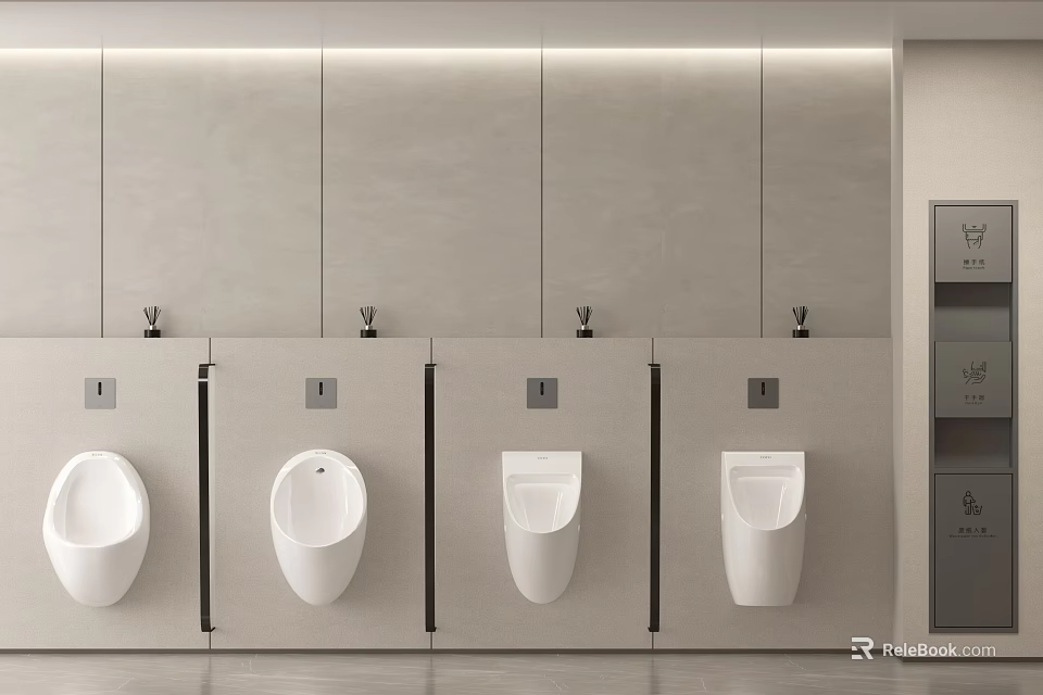 Four White Urinals Installed On Gray Wall With Recessed Light Strips And Storage Cabinet 3d model 