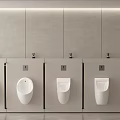 Four White Urinals Installed On Gray Wall With Recessed Light Strips And Storage Cabinet