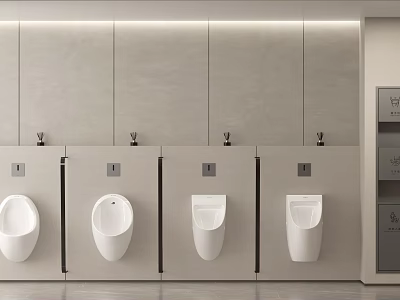 Four White Urinals Installed On Gray Wall With Recessed Light Strips And Storage Cabinet 3d model