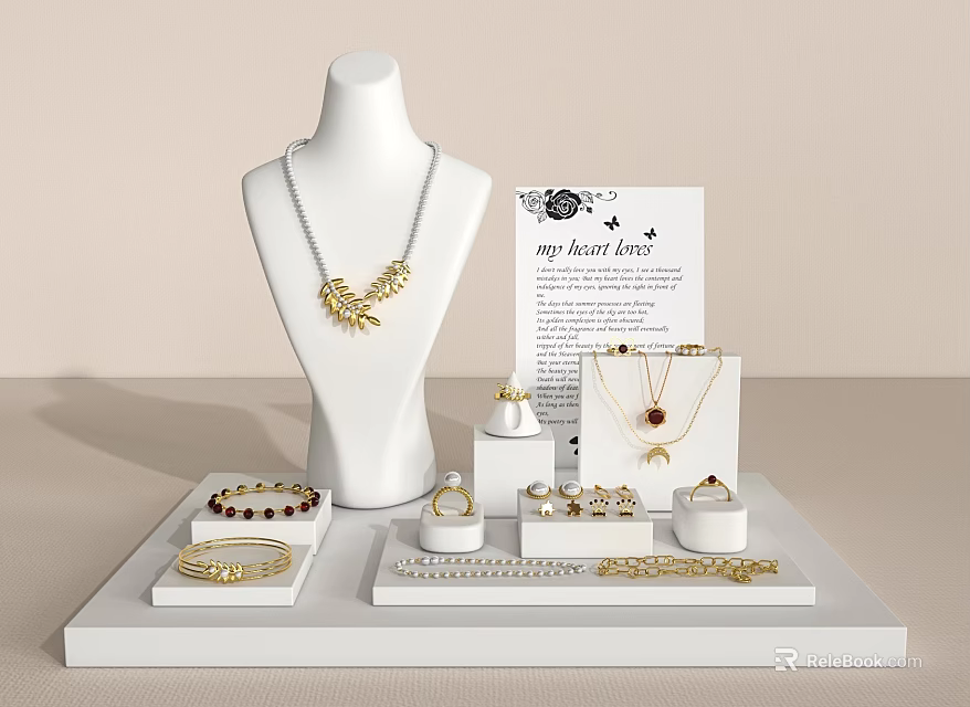 Elegant Jewelry Display With Gold Necklace Rings Bracelets And Earrings On Stand 3d model 