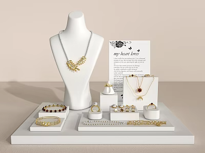 Elegant Jewelry Display With Gold Necklace Rings Bracelets And Earrings On Stand 3d model