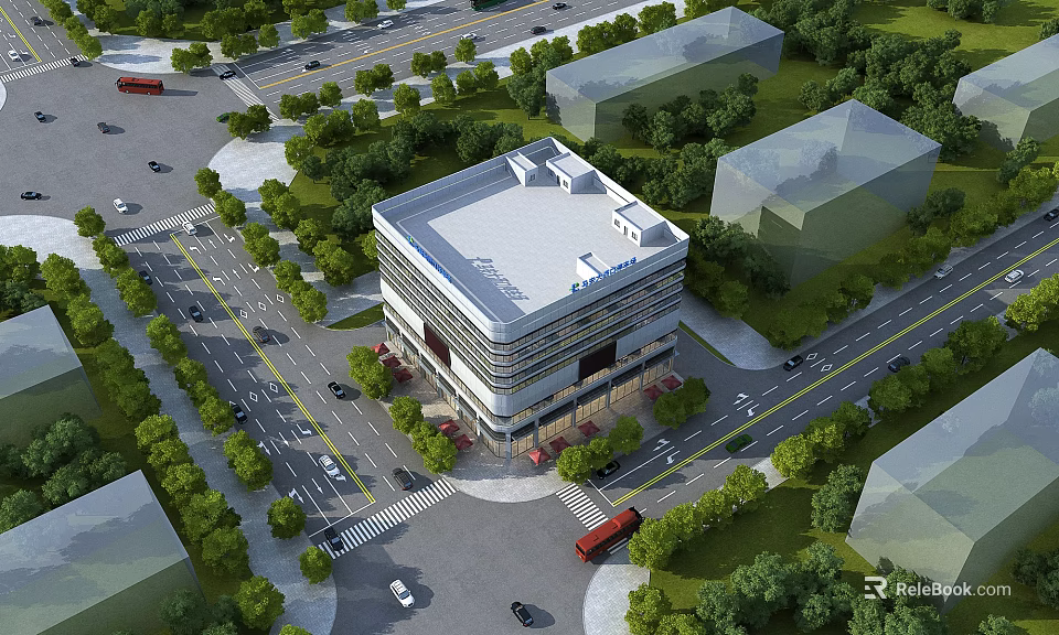 Modern Office Building With Glass Facade Surrounded by Greenery Roads and Vehicles 3d model 