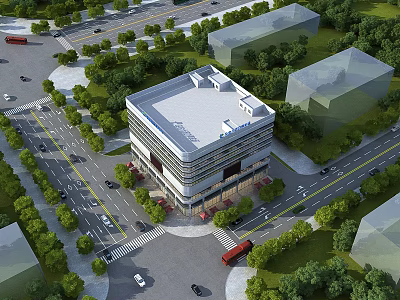 Modern Office Building With Glass Facade Surrounded by Greenery Roads and Vehicles 3d model