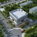 Modern Office Building With Glass Facade Surrounded by Greenery Roads and Vehicles