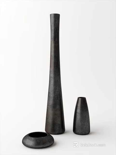 Black Ceramic Vessels Two Sizes Large And Small Slender Conical Matte Finish White Background 3d model
