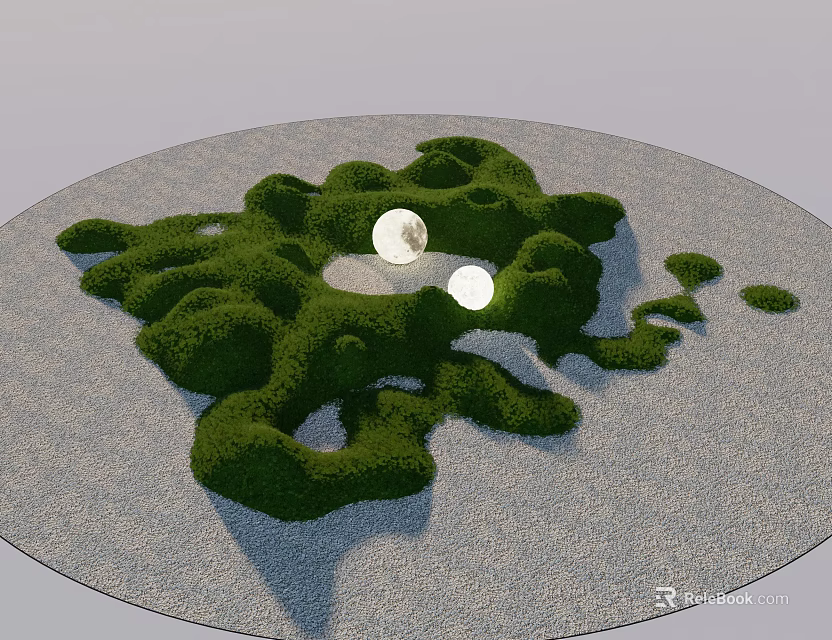 Garden Ornament With Circular Gray Ground Green Irregular Shrubs And White Spherical Objects In Center 3d model 