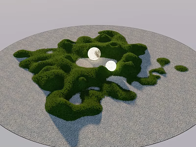 Garden Ornament With Circular Gray Ground Green Irregular Shrubs And White Spherical Objects In Center 3d model