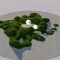 Garden Ornament With Circular Gray Ground Green Irregular Shrubs And White Spherical Objects In Center