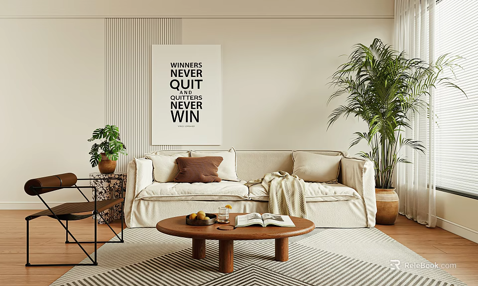 Modern Sofa And Coffee Table Set With Pillows Blanket Green Plants And Wall Art 3d model 
