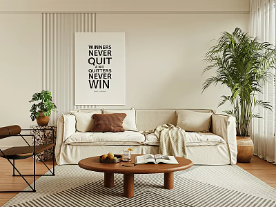 Modern Sofa And Coffee Table Set With Pillows Blanket Green Plants And Wall Art 3d model