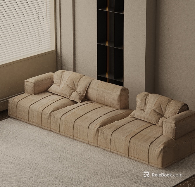 Beige Striped Fabric Three Seater Sofa with Cushions Blinds and Grey Walls in Living Room 3d model 