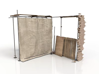 Industrial Equipment With Metal Support Frames Canvas Covering And Stacked Wooden Panels 3d model