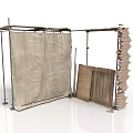 Industrial Equipment With Metal Support Frames Canvas Covering And Stacked Wooden Panels