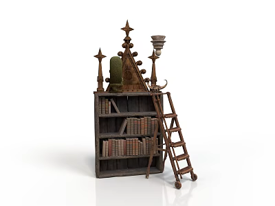Vintage Wooden Bookshelf With Decorative Spire Top Side Ladder And Stacked Books 3d model