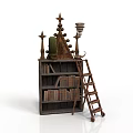 Vintage Wooden Bookshelf With Decorative Spire Top Side Ladder And Stacked Books