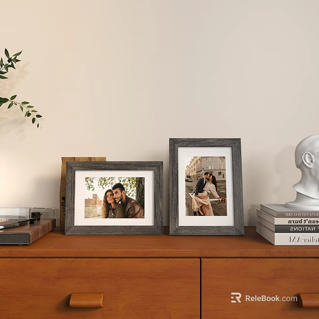 Photo Frames With Portrait Photos On Wooden Cabinet Near Books White Sculpture And Plant 3d model 