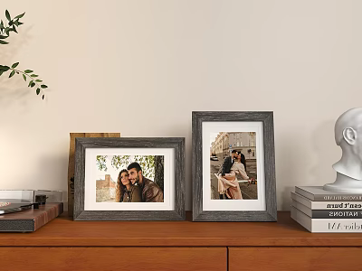 Photo Frames With Portrait Photos On Wooden Cabinet Near Books White Sculpture And Plant 3d model