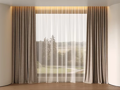 Neutral Layered Curtains With Sheer White Panels For Modern Room Window Scenic View 3d model