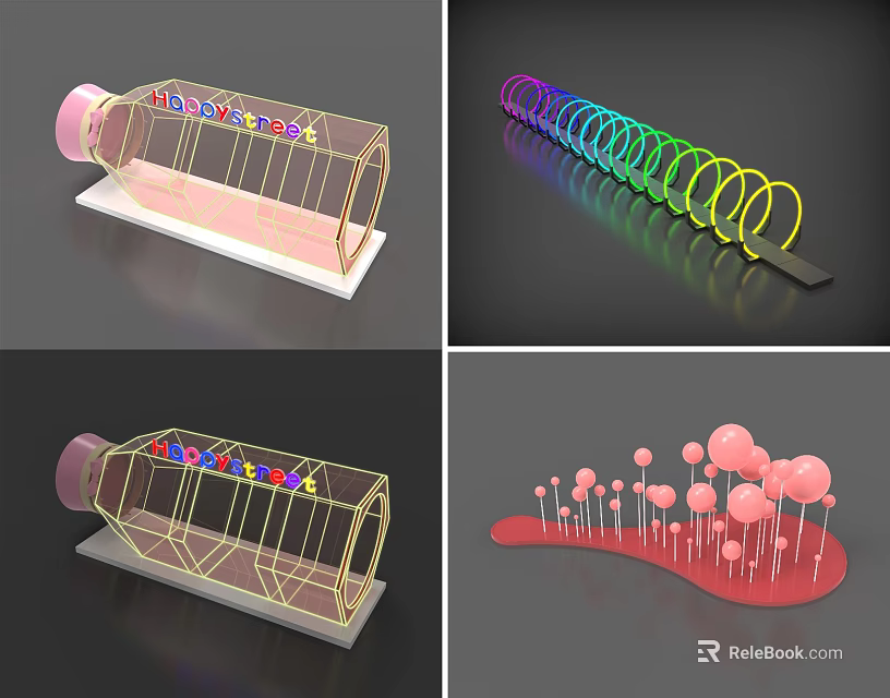 Creative 3D Art Installations With Colorful Rings Transparent Frame And Pink Spheres 3d model 