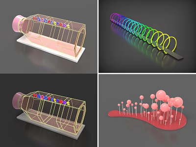 Creative 3D Art Installations With Colorful Rings Transparent Frame And Pink Spheres 3d model