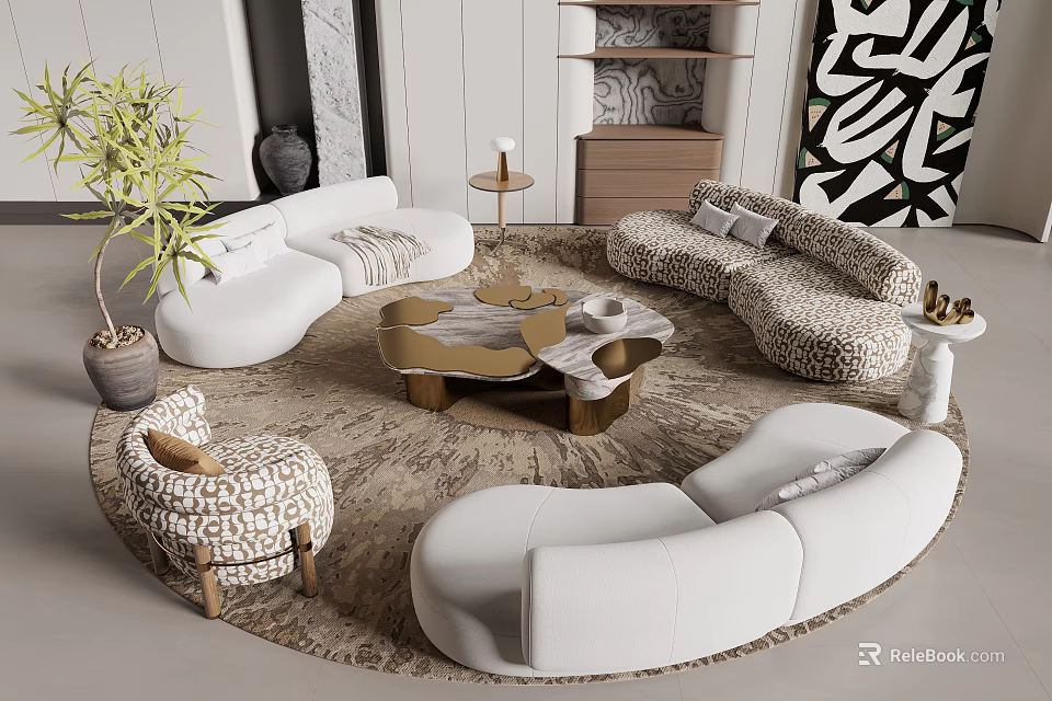 Modern Sofa And Coffee Table Set With Round Marble Table Patterned Armchairs And Green Plant 3d model 