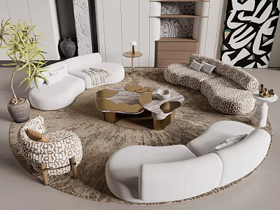 Modern Sofa And Coffee Table Set With Round Marble Table Patterned Armchairs And Green Plant 3d model