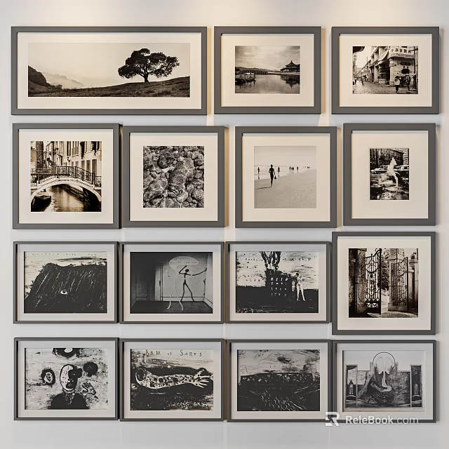 Black And White Framed Photo Wall Display With Various Landscape Architecture And Figures 3d model 