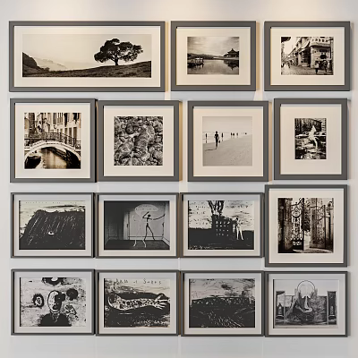 Black And White Framed Photo Wall Display With Various Landscape Architecture And Figures 3d model