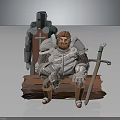Seated Armored Warrior With Red Brown Beard Standing Cross Knight Near Sword In Gray Background
