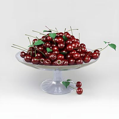 Fresh Ripe Cherries With Green Leaves On Transparent Glass Pedestal Dish 3d model