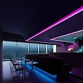 Modern Hotel Lobby With Stylish Purple Neon Lights And Sleek Integrated Bar Lounge Design