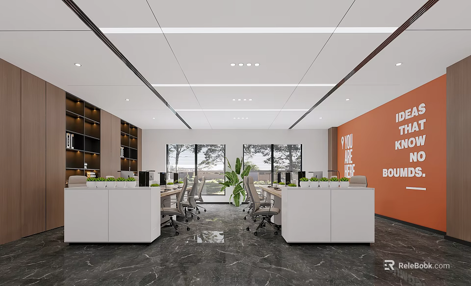 Bright Public Office Space With Work Desks Office Chairs Green Plants And Wall Slogan 3d model 