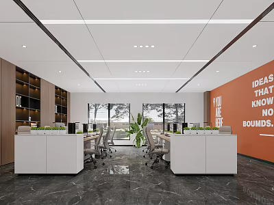 Bright Public Office Space With Work Desks Office Chairs Green Plants And Wall Slogan 3d model