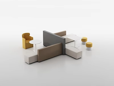 Unique Shaped Modular Sofa With Colorful Modules Round Tables And Yellow Stools 3d model