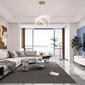 Modern Open Living Dining Room With Curved Chandelier Gray Sofa And Abstract Wall Art