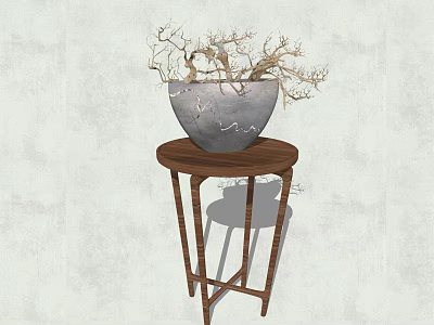 Decorative Bonsai Plant in Gray Ceramic Pot on Brown Wooden Table with Light Wall Background 3d model