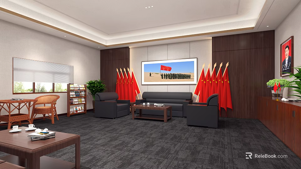 Lounge Area With Black Sofas Coffee Table Red Flags Bookshelf And Potted Plant 3d model 