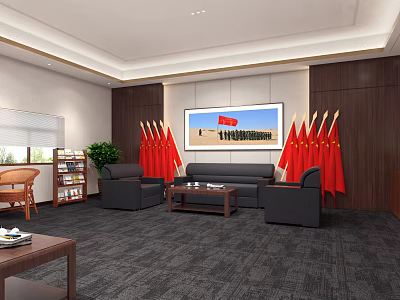 Lounge Area With Black Sofas Coffee Table Red Flags Bookshelf And Potted Plant 3d model