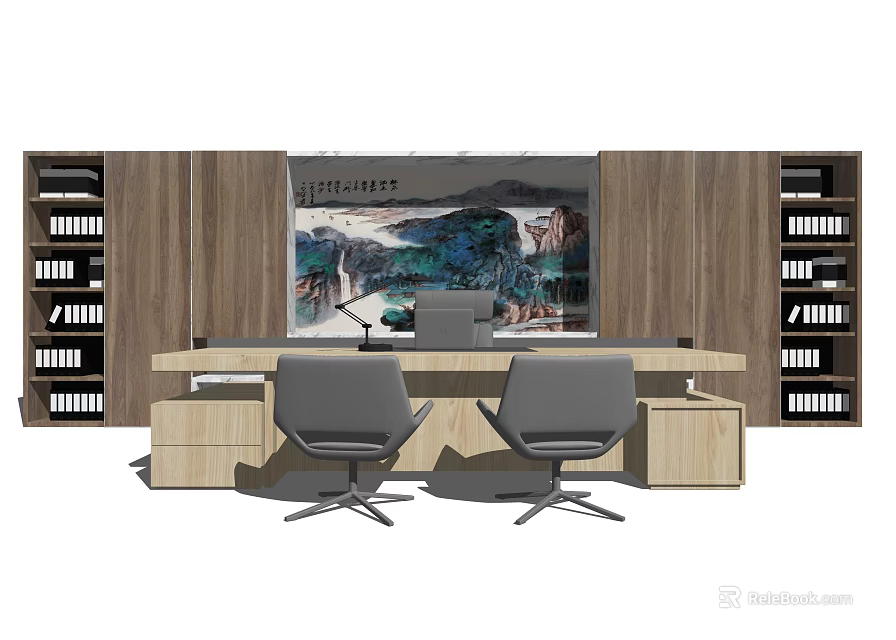 Modern Office Desk With Two Gray Chairs Wooden Background Wall And Landscape Painting 3d model 