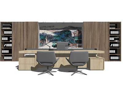 Modern Office Desk With Two Gray Chairs Wooden Background Wall And Landscape Painting 3d model