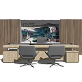 Modern Office Desk With Two Gray Chairs Wooden Background Wall And Landscape Painting