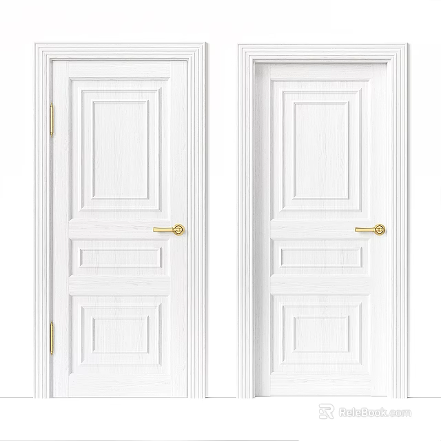 White Interior Hinged Doors With Simple Design And Golden Handles 3d model
