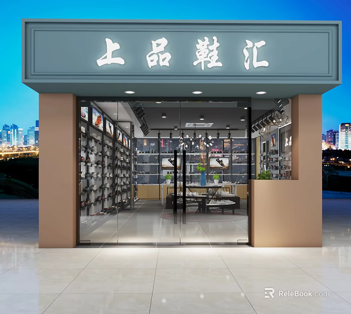 Shoe Store Front with Glass Door Entrance and Shoe Racks Displaying Shoes Inside 3d model 